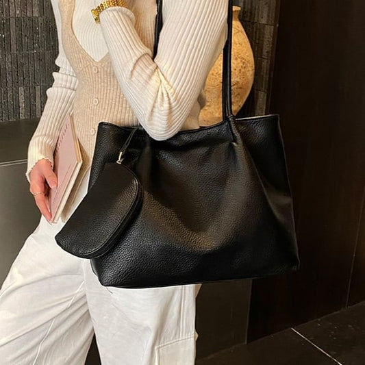 Set: Faux Leather Tote Bag + Pouch