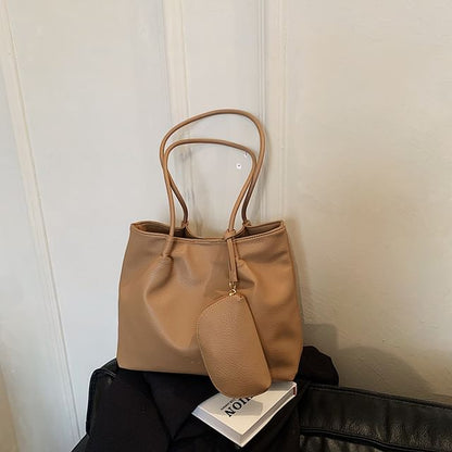 Set: Faux Leather Tote Bag + Pouch