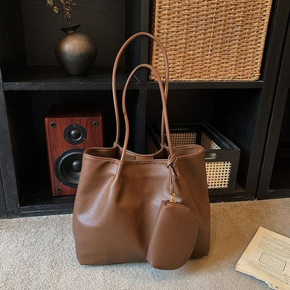 Set: Faux Leather Tote Bag + Pouch