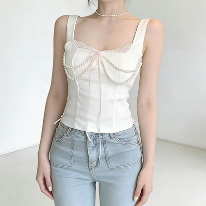 Square Neck Plain Lace Trim Sleeveless Top