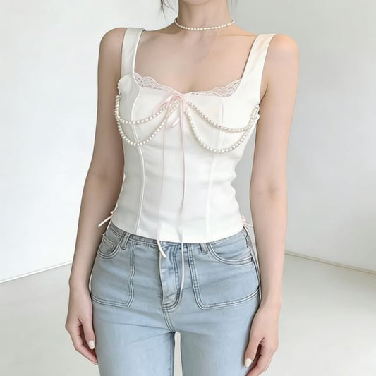 Square Neck Plain Lace Trim Sleeveless Top