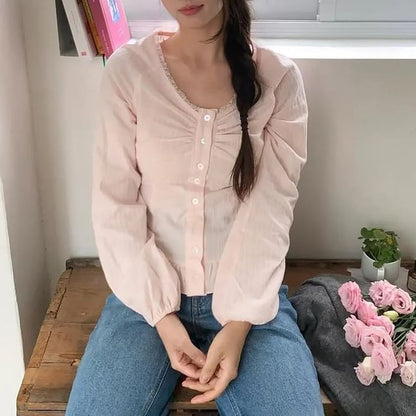 Button-Front V-Neck Plain Long-Sleeve Shirt