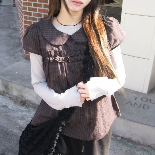 Collared Plaid Cropped Tee with Short Sleeves