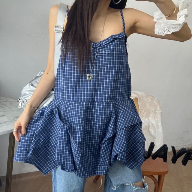 Plaid Ruffle Sweetheart Neckline Camisole