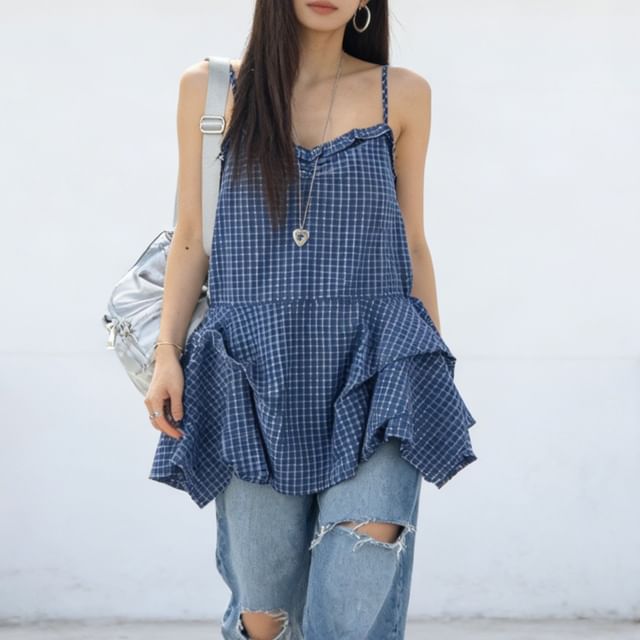 Plaid Ruffle Sweetheart Neckline Camisole