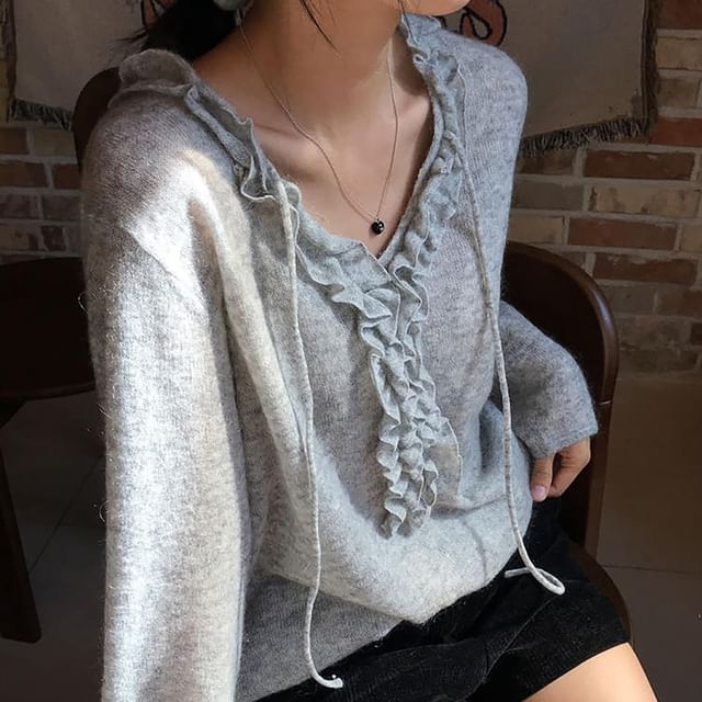 Ruffled Long-Sleeve V-Neck Knit Top