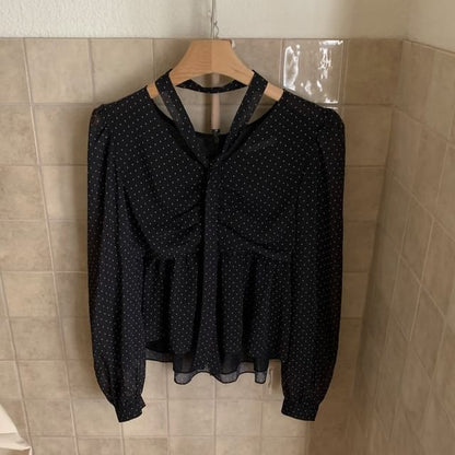 Sheer Polka-Dot Long-Sleeve Crop Blouse