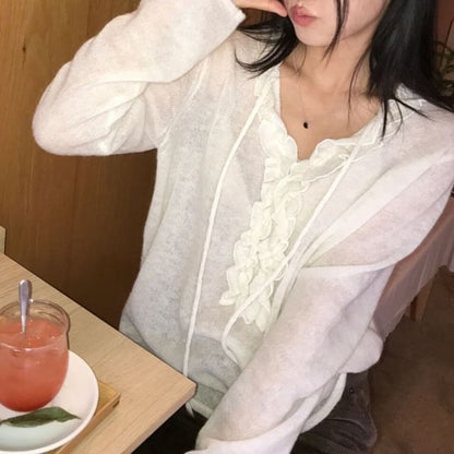 Ruffled Long-Sleeve V-Neck Knit Top