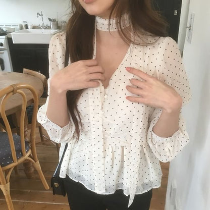 Sheer Polka-Dot Long-Sleeve Crop Blouse