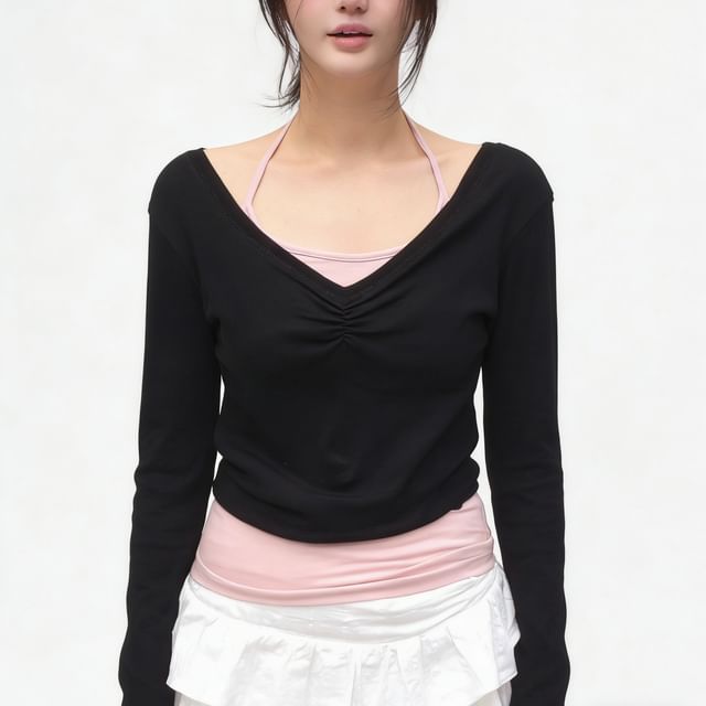 Long-Sleeve V-Neck Ruched Halter Tee