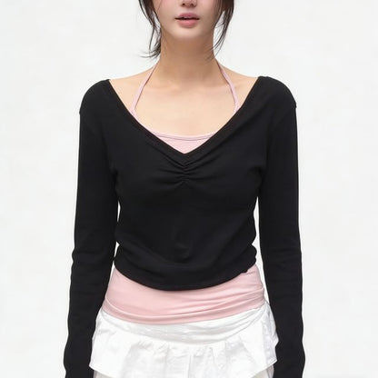 Long-Sleeve V-Neck Ruched Halter Tee