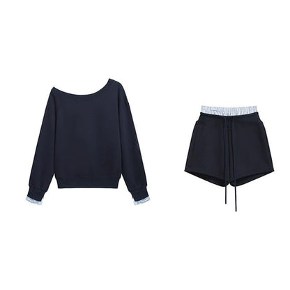 Off-Shoulder Striped Two-Piece Sweatshirt & Drawstring Shorts Set