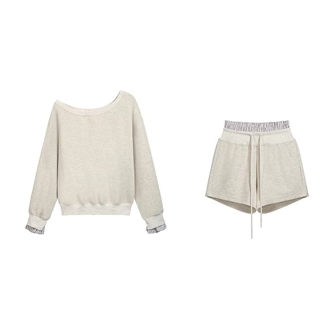 Off-Shoulder Striped Two-Piece Sweatshirt & Drawstring Shorts Set