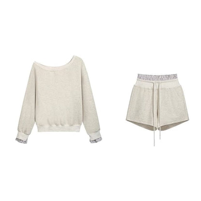 Off-Shoulder Striped Two-Piece Sweatshirt & Drawstring Shorts Set