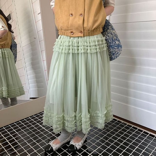 Ruffled Mesh Maxi Skirt - Altfashion Shop