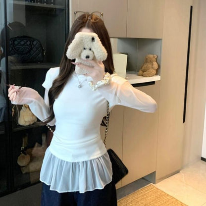 Extended Sleeve Round Collar Ruffled Two-Piece Mesh Top