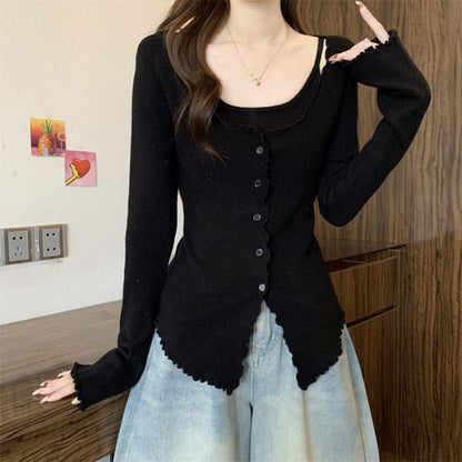 Extended Sleeve U-Neck Minimalist Lettuce Edge Two-Piece Knit Top