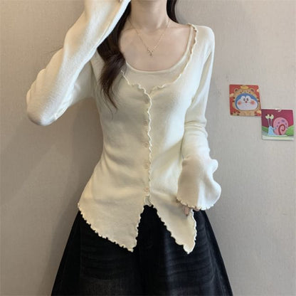 Extended Sleeve U-Neck Minimalist Lettuce Edge Two-Piece Knit Top