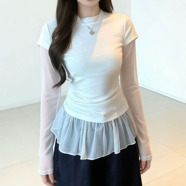 Extended Sleeve Round Collar Ruffled Two-Piece Mesh Top