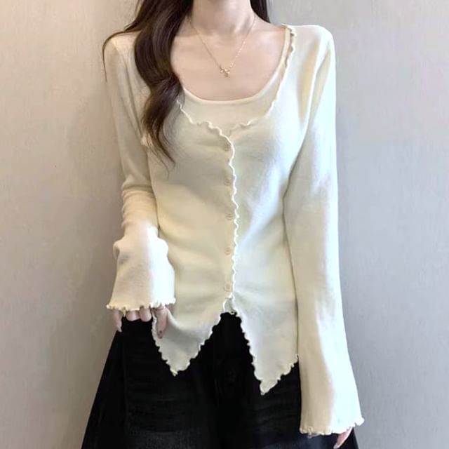 Extended Sleeve U-Neck Minimalist Lettuce Edge Two-Piece Knit Top