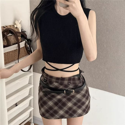 Round Collar Minimalist Back-Tie Ribbed Knit Crop Tank