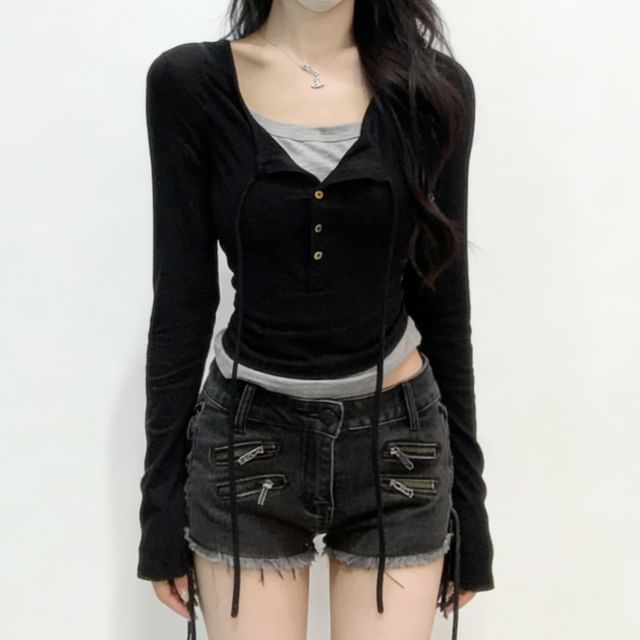 Extended Sleeve Henley Two-Piece Tie-Front Top