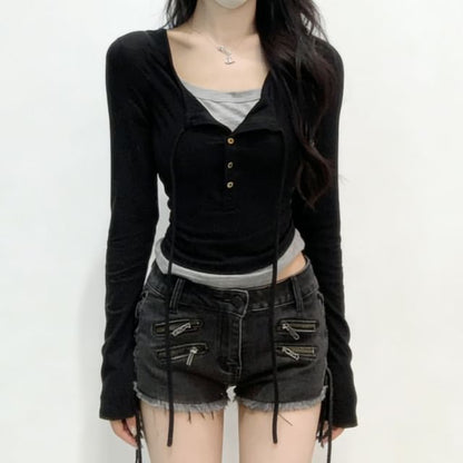 Extended Sleeve Henley Two-Piece Tie-Front Top