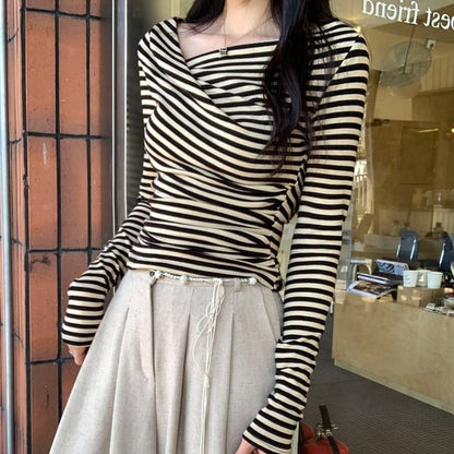 Extended Sleeve Asymmetric Collar Striped Shirt