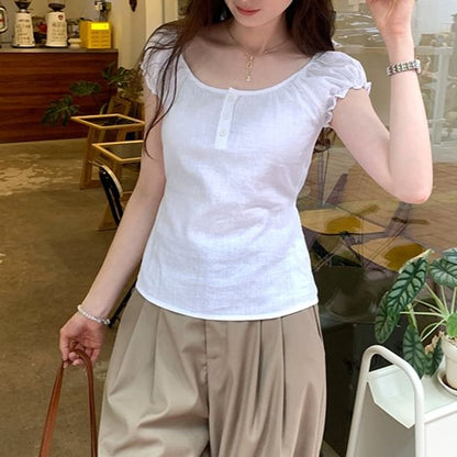 Puffed Sleeve Henley Solid Shirt