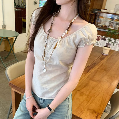 Puffed Sleeve Henley Solid Shirt