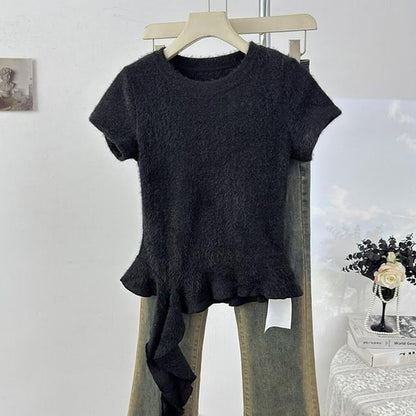 Short Sleeve Round Collar Minimalist Ruffled Asymmetric Top