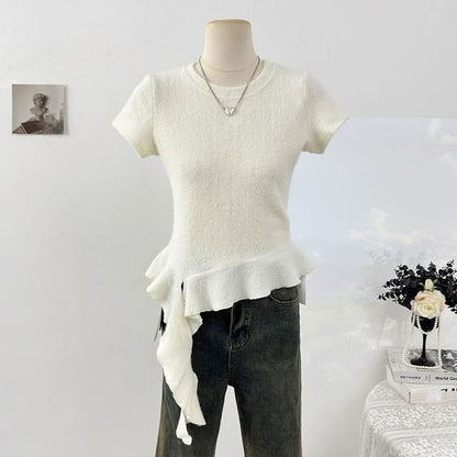 Short Sleeve Round Collar Minimalist Ruffled Asymmetric Top