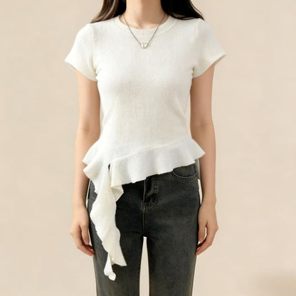 Short Sleeve Round Collar Minimalist Ruffled Asymmetric Top