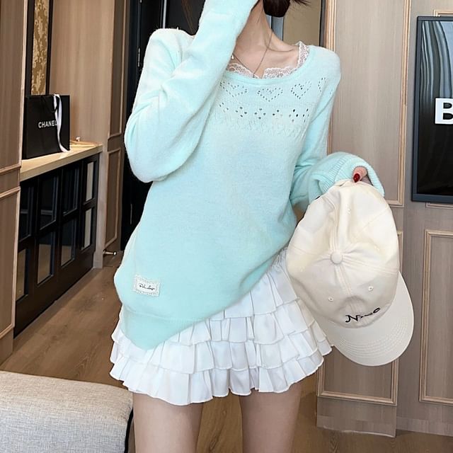 Lace-Trim Boat Neck Knit Top with Pointelle Details