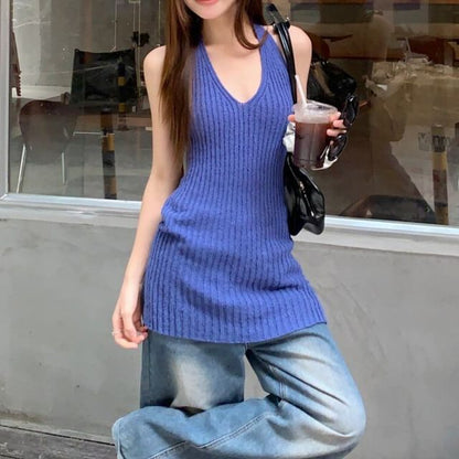 Ribbed Knit Slit Halter Top