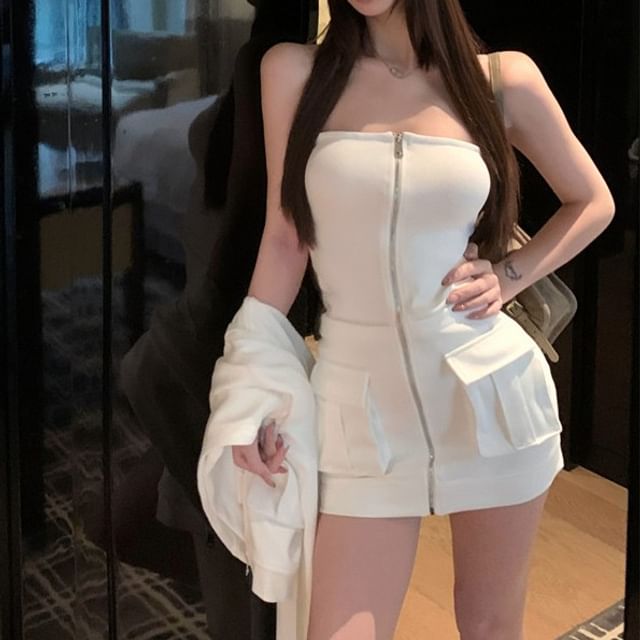 Zip-Up Crop Hoodie & Strapless Mini Dress Set