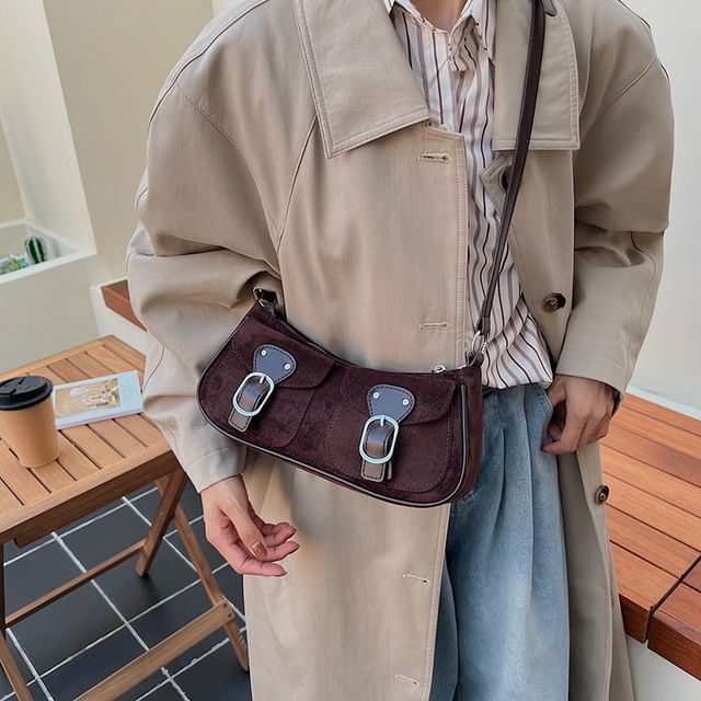 Buckled Flap Pocket Faux Suede Crossbody Shoulder Bag