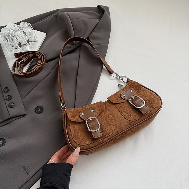 Buckled Flap Pocket Faux Suede Crossbody Shoulder Bag