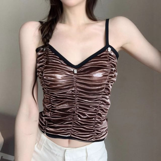 Ruched Sleeveless V-Neck Crop Top