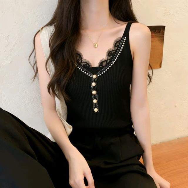 Lace-Trim V-Neck Knit Tank