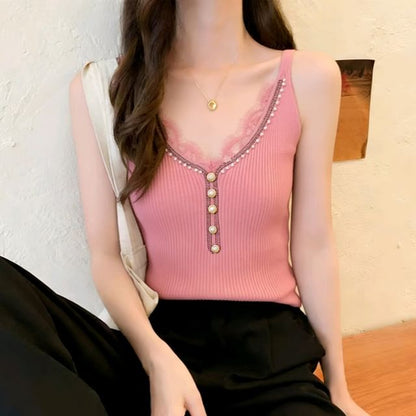 Lace-Trim V-Neck Knit Tank