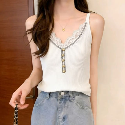 Lace-Trim V-Neck Knit Tank