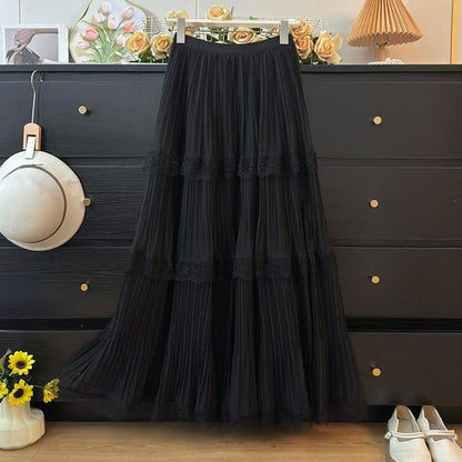 Tiered Mesh Maxi Skirt with Lace Panels - Altfashion Shop