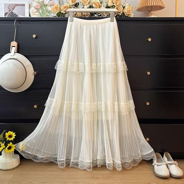 Tiered Mesh Maxi Skirt with Lace Panels - Altfashion Shop