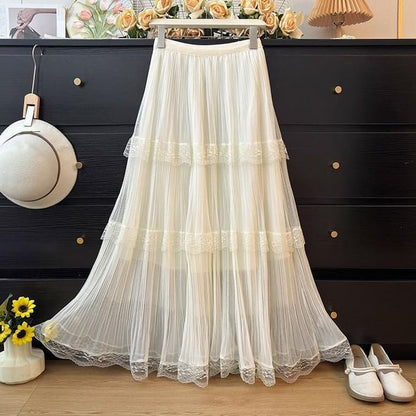 Tiered Mesh Maxi Skirt with Lace Panels - Altfashion Shop