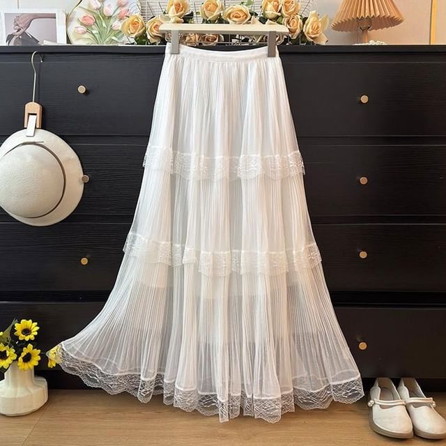 Tiered Mesh Maxi Skirt with Lace Panels - Altfashion Shop
