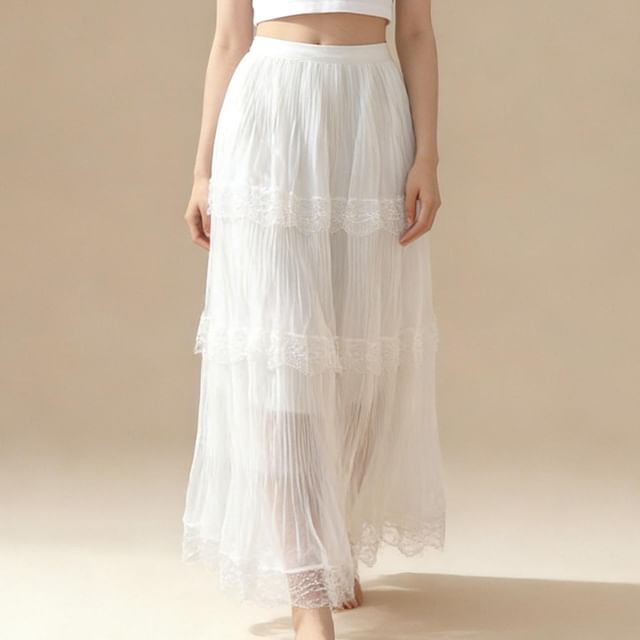Tiered Mesh Maxi Skirt with Lace Panels - Altfashion Shop