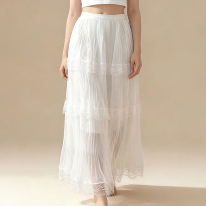 Tiered Mesh Maxi Skirt with Lace Panels - Altfashion Shop