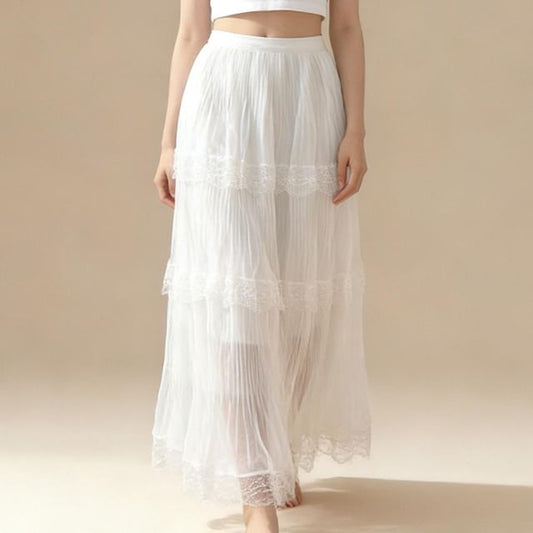 Tiered Mesh Maxi Skirt with Lace Panels - Altfashion Shop