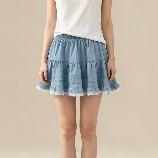 Washed Denim Mini Skirt with Lace Trim - Altfashion Shop